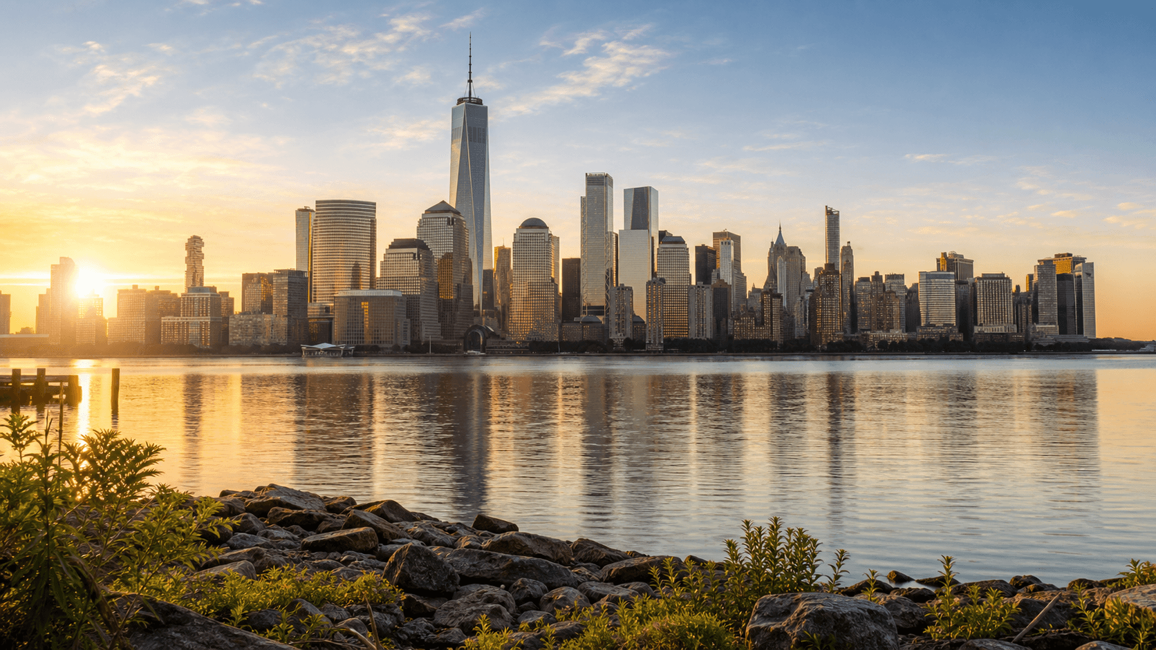 New York City skyline across calm water at sunrise