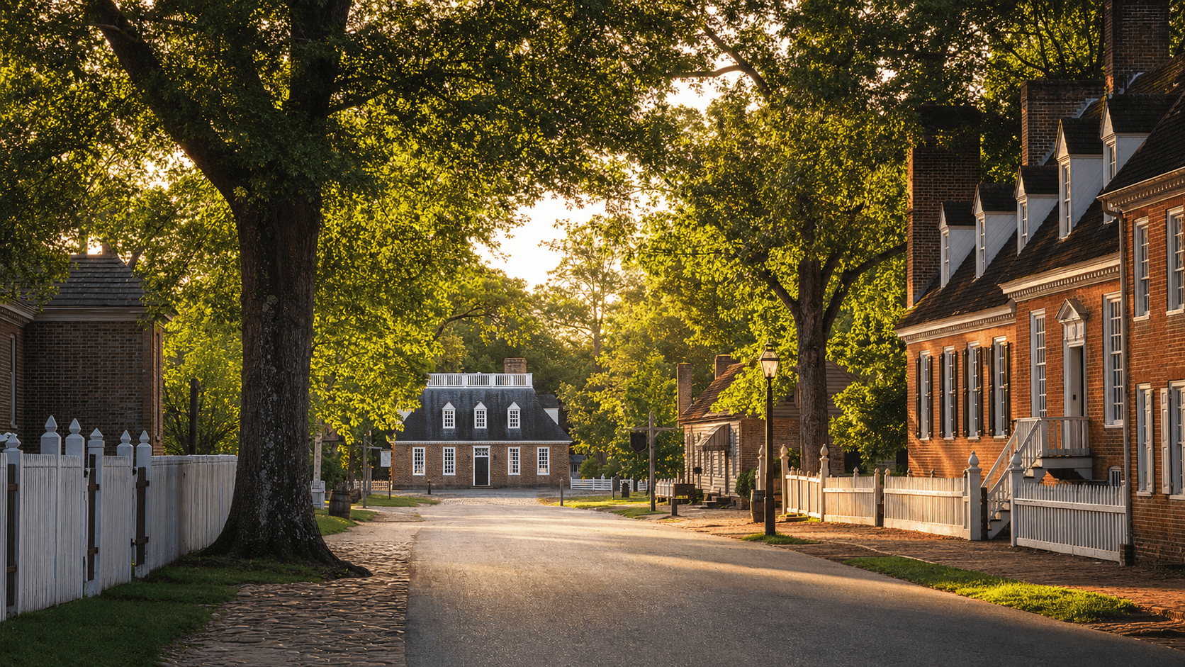 Colonial Williamsburg historic brick buildings at golden hour